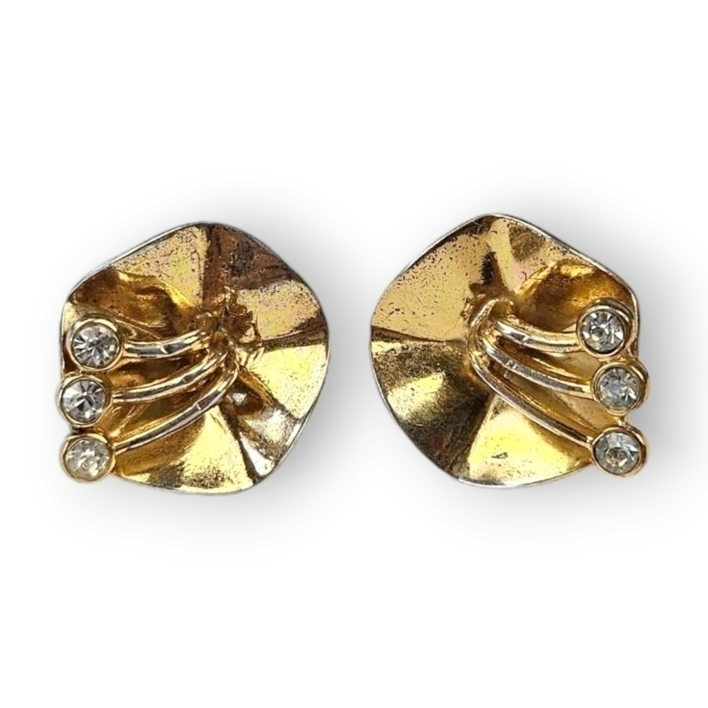 Vintage Sterling Flower Earrings Gold Plate Rhinestone Screwback 925 Silver 7/8"